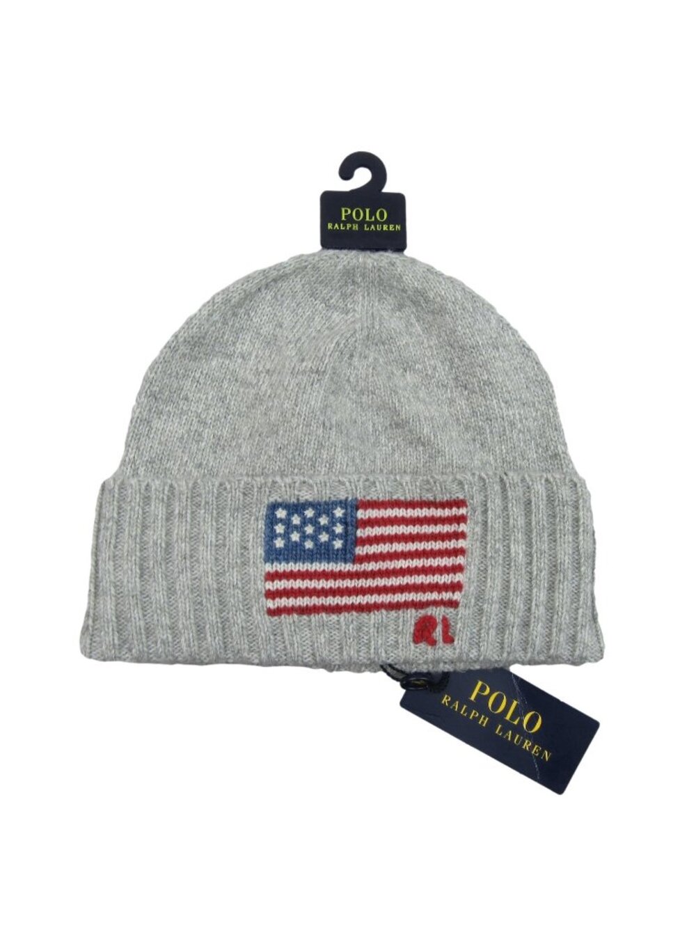 Polo Ralph Lauren RL Wool Knit USA Flag Beanie Adult One Size Grey NEW
